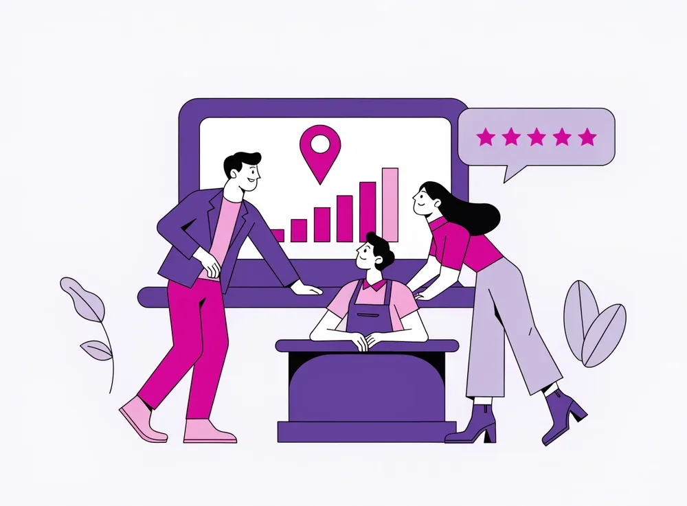 Dos personas del equipo ayudan a un comerciante con su web, su ficha en el mapa y sus resultados